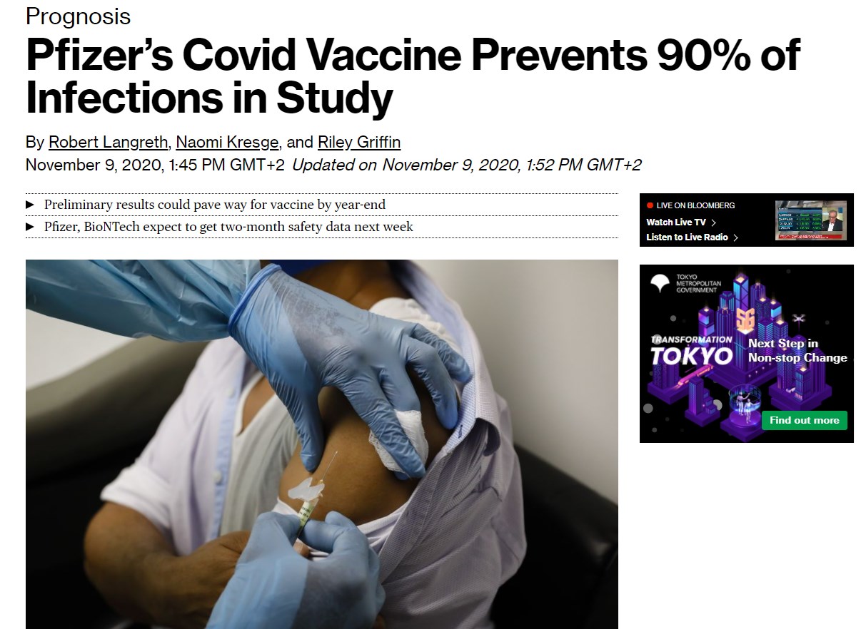 Bloomberg: Το εμβόλιο των Pfizer και Biontech είναι πάνω από 90% αποτελεσματικό!